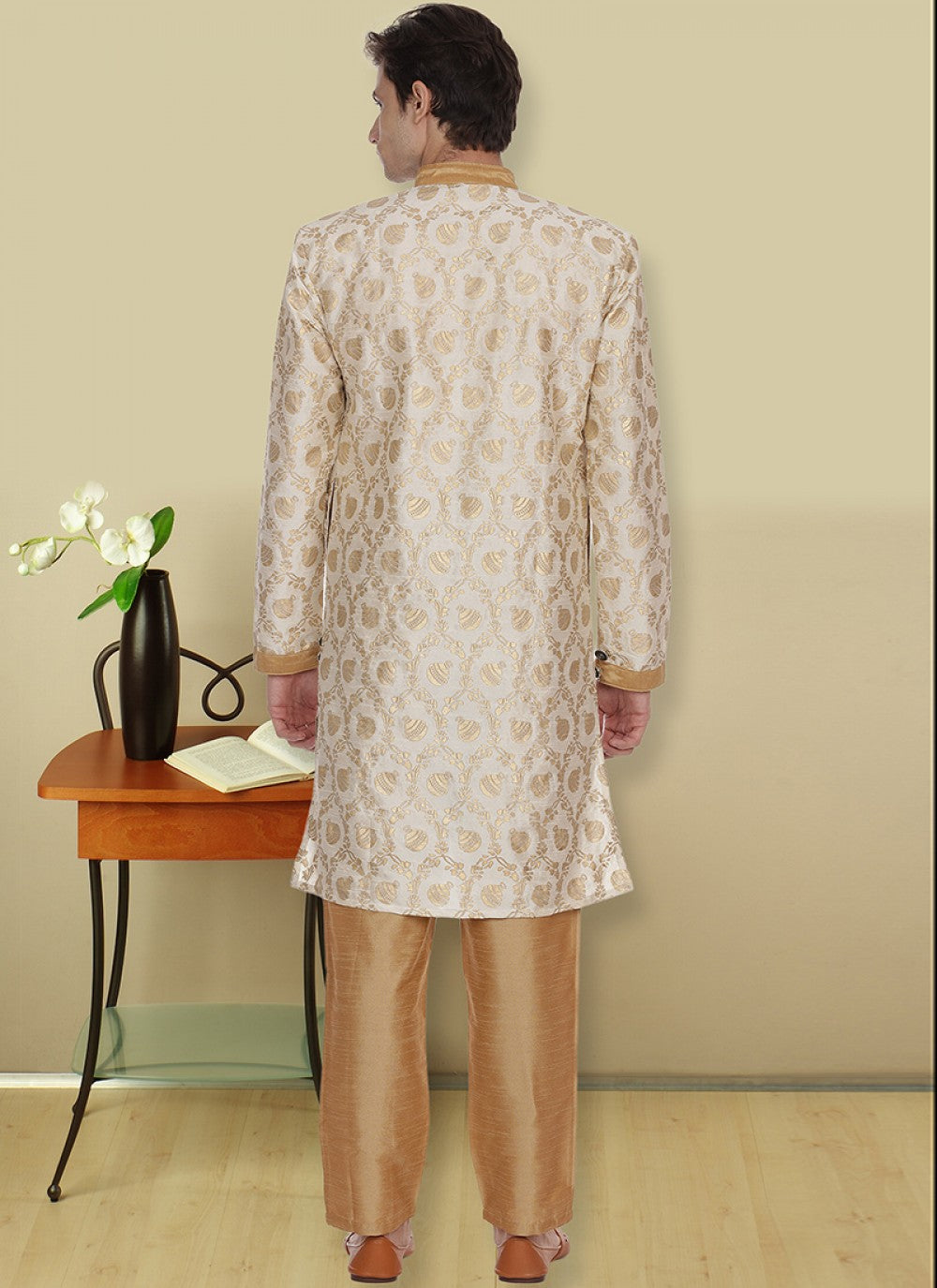 Printed Art Dupion Silk Beige Kurta Pyjama - M1123