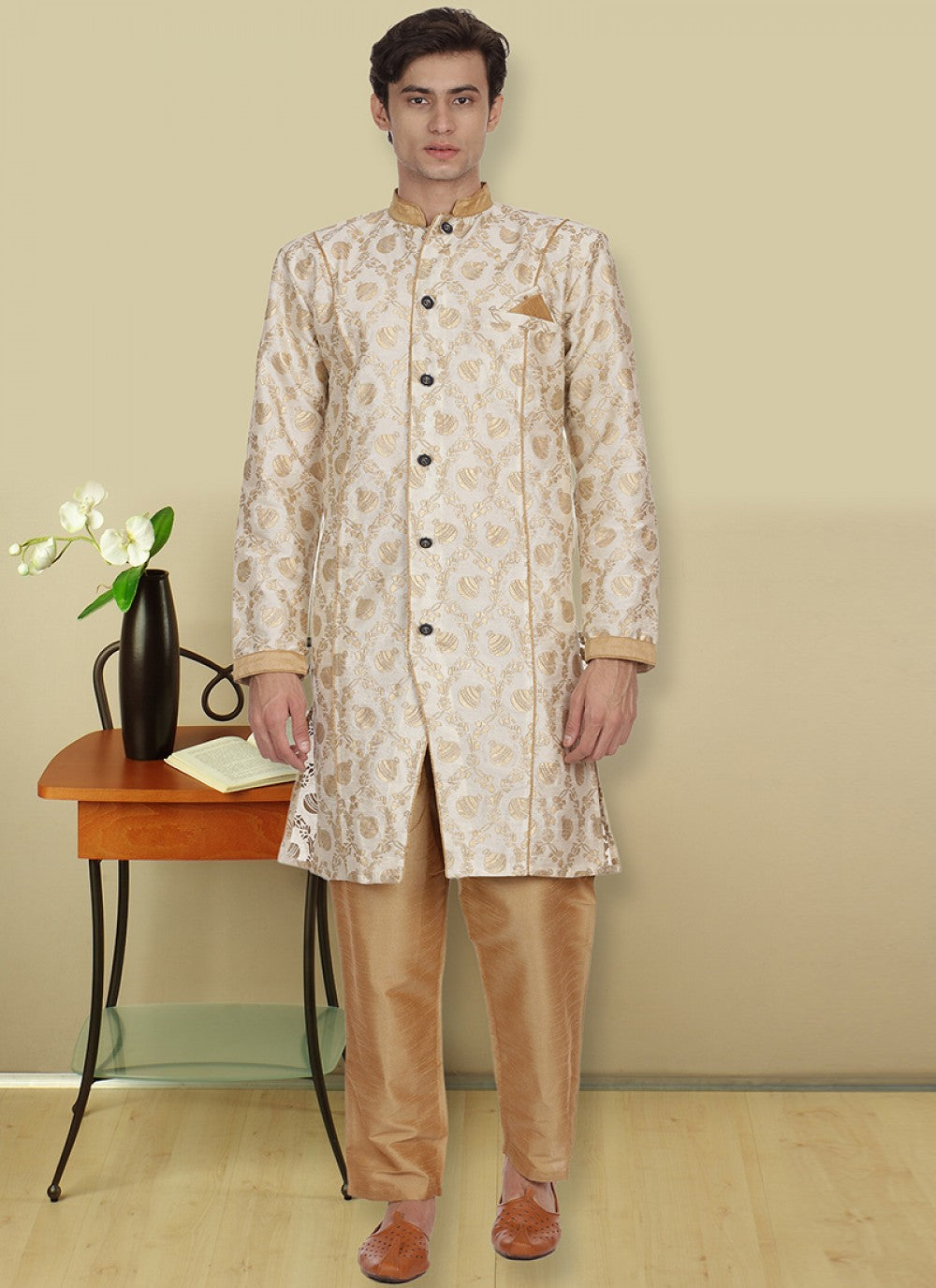 Printed Art Dupion Silk Beige Kurta Pyjama - M1123