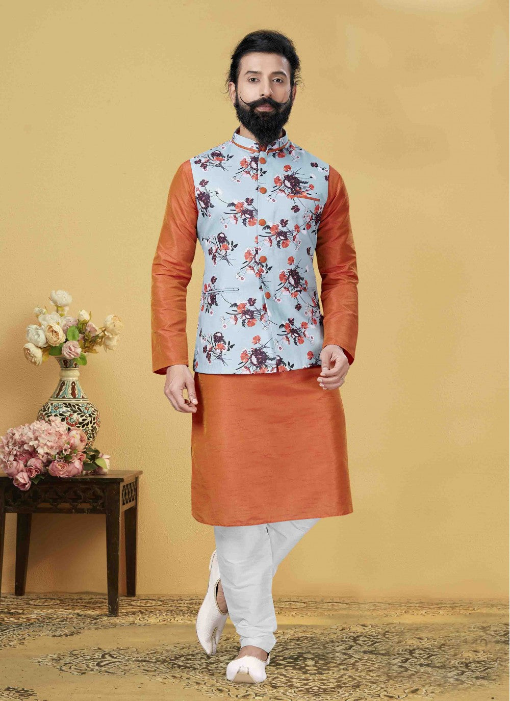 Printed Art Dupion Silk Orange Kurta Payjama With Jacket - M1723