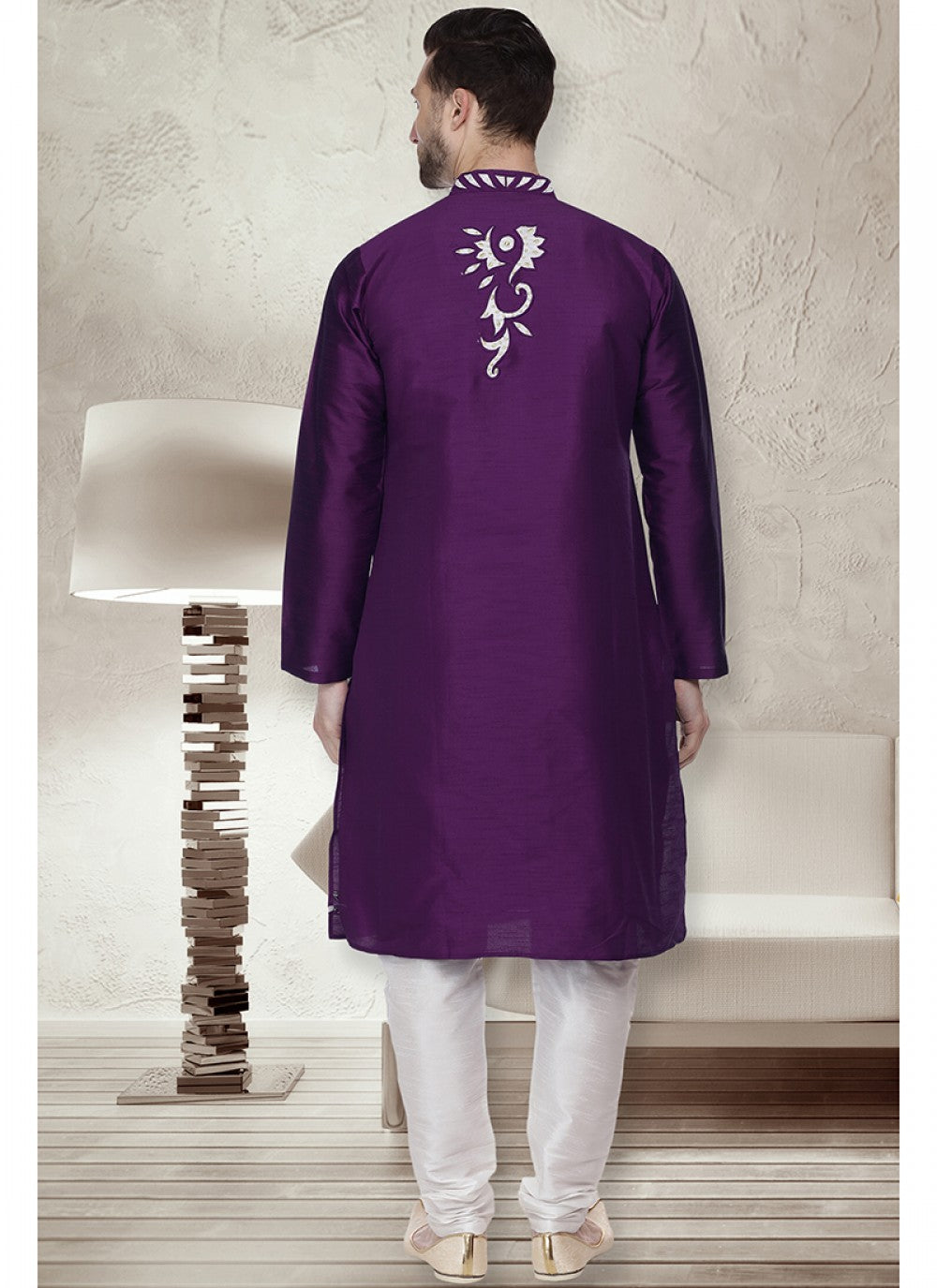 Embroidered Art Dupion Silk Purple Kurta Pyjama - M1516