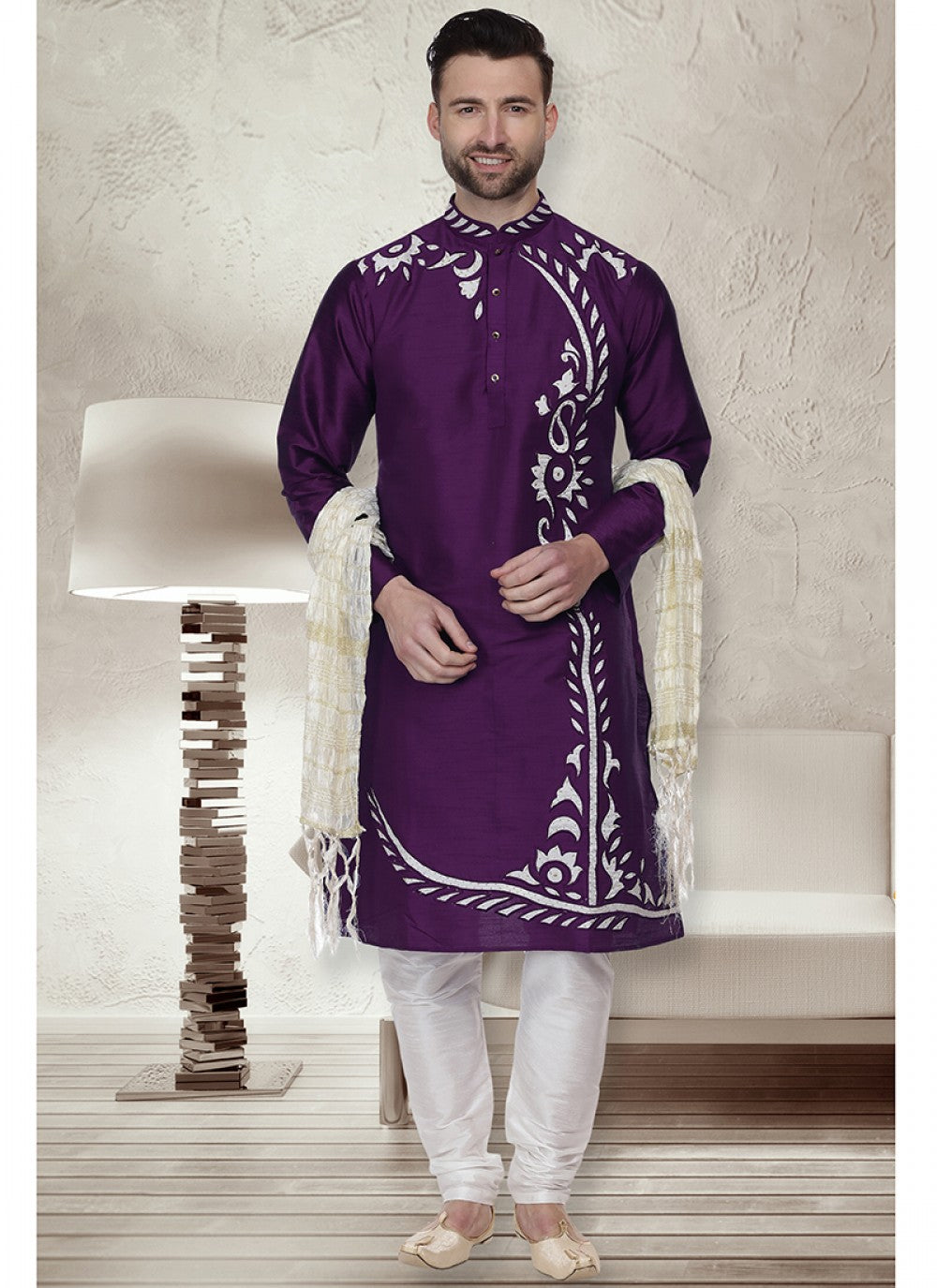 Embroidered Art Dupion Silk Purple Kurta Pyjama - M1516