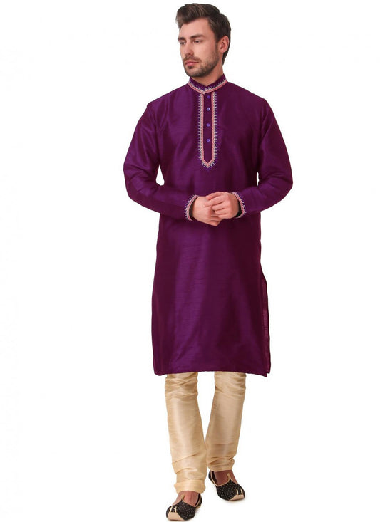 Embroidered Art Dupion Silk Purple Kurta Pyjama - M1659