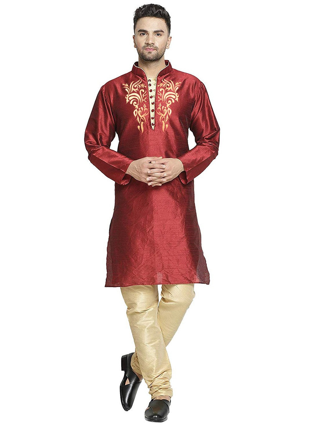 Embroidered Art Dupion Silk Red Kurta Pyjama - M3481