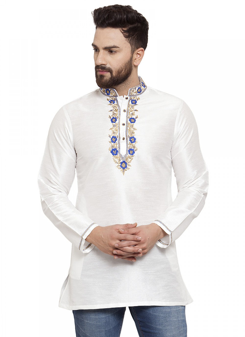 Embroidered Art Dupion Silk White Kurta - M1250