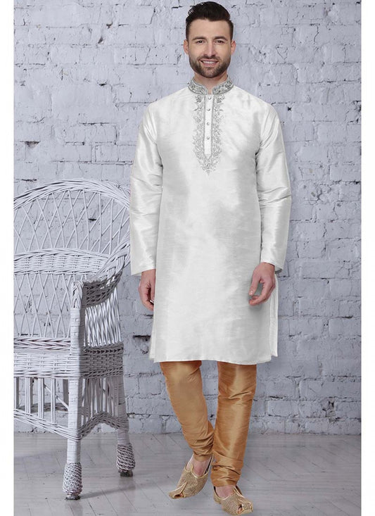 Embroidered Art Dupion Silk White Kurta Pyjama - M1528