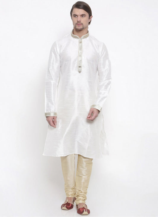 Embroidered Art Dupion Silk White Kurta Pyjama - M1651