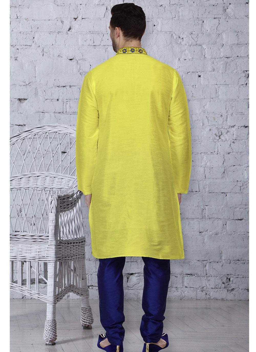 Embroidered Art Dupion Silk Yellow Kurta Pyjama - M1493