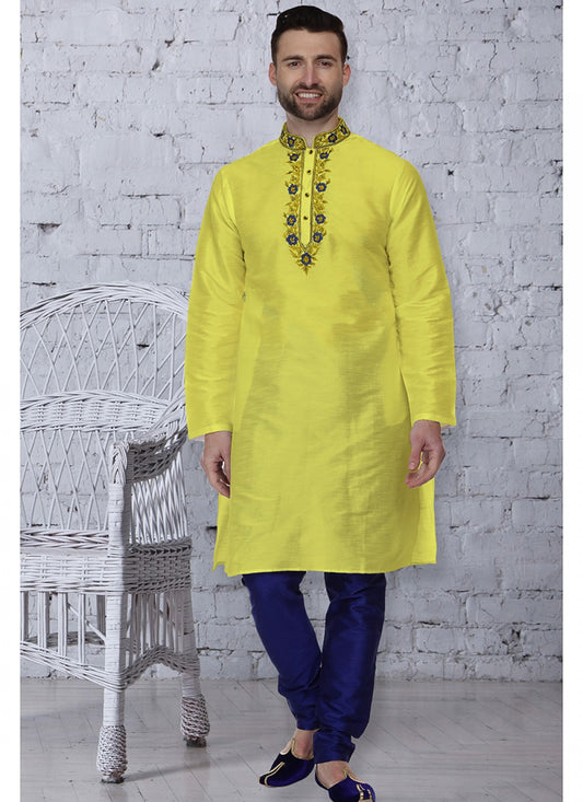 Embroidered Art Dupion Silk Yellow Kurta Pyjama - M1493