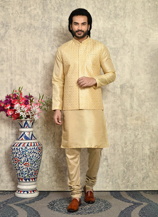 Embroidered Art Silk Beige Kurta Payjama With Jacket - M8009