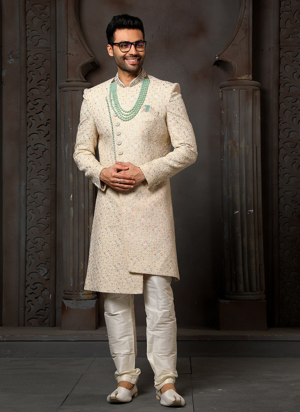 Machine Embroidery Art Silk Beige Sherwani - M4124