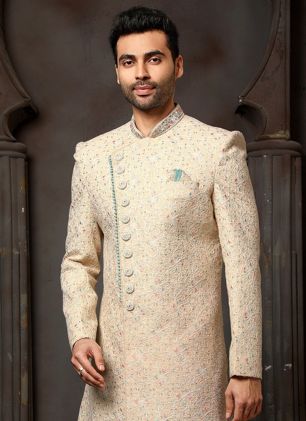 Machine Embroidery Art Silk Beige Sherwani - M4124