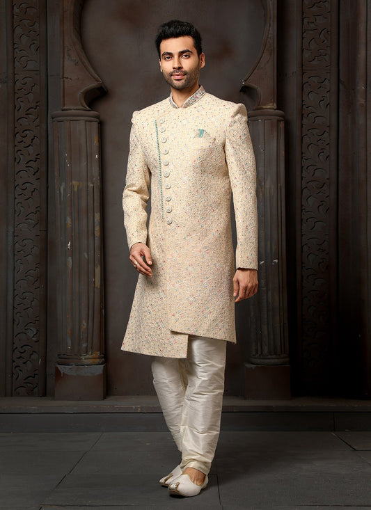 Machine Embroidery Art Silk Beige Sherwani - M4124