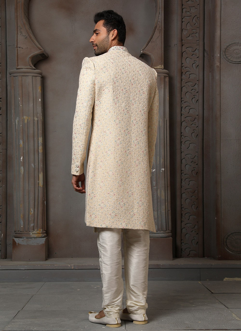 Machine Embroidery Art Silk Beige Sherwani - M4124