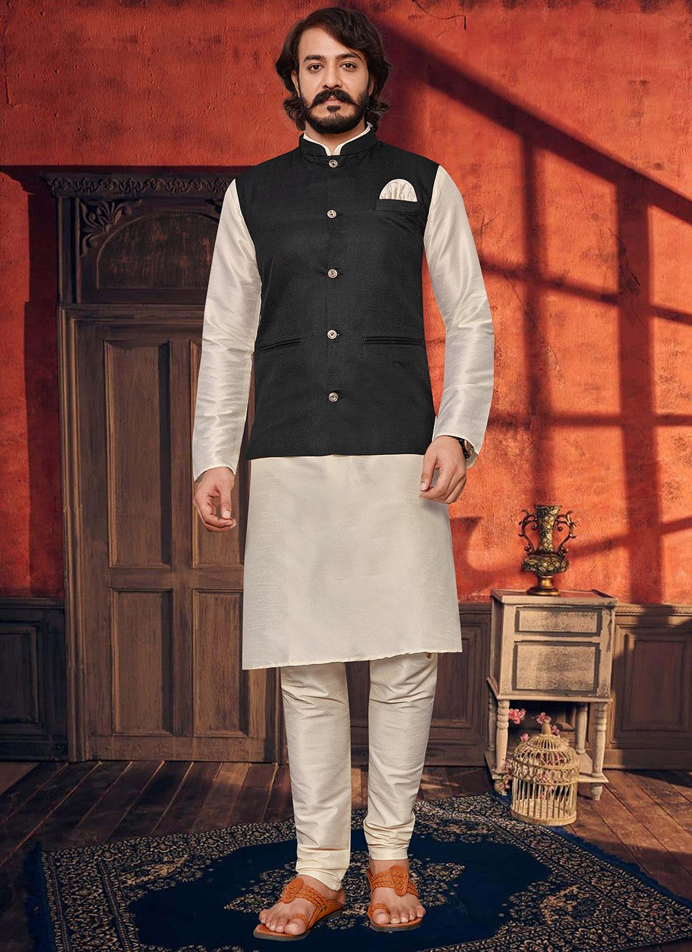 Plain Art Silk, Jute Silk Black, Cream Kurta Payjama With Jacket - M2052