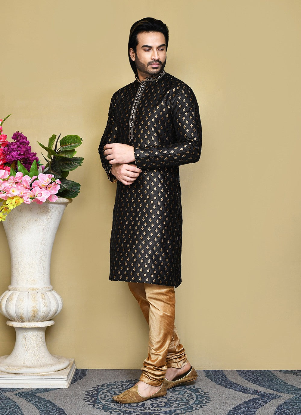 Resham Art Silk Black Kurta Pyjama - M7856