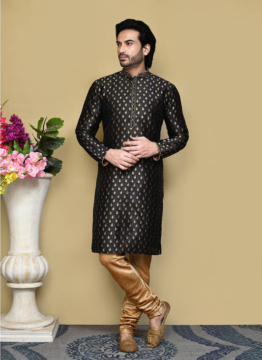 Resham Art Silk Black Kurta Pyjama - M7856