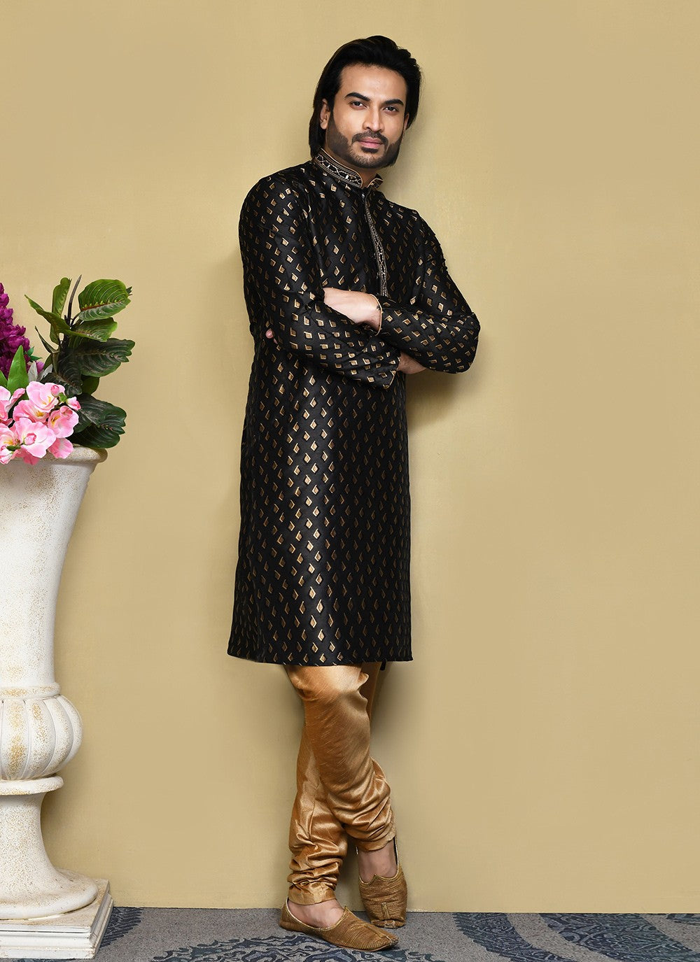 Resham Art Silk Black Kurta Pyjama - M7856