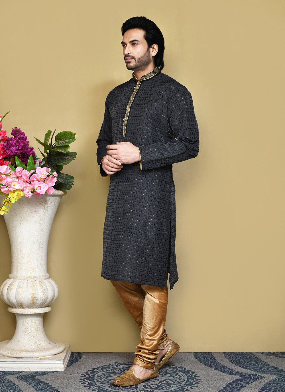 Resham Art Silk Black Kurta Pyjama - M7862