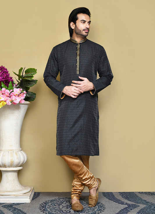 Resham Art Silk Black Kurta Pyjama - M7862