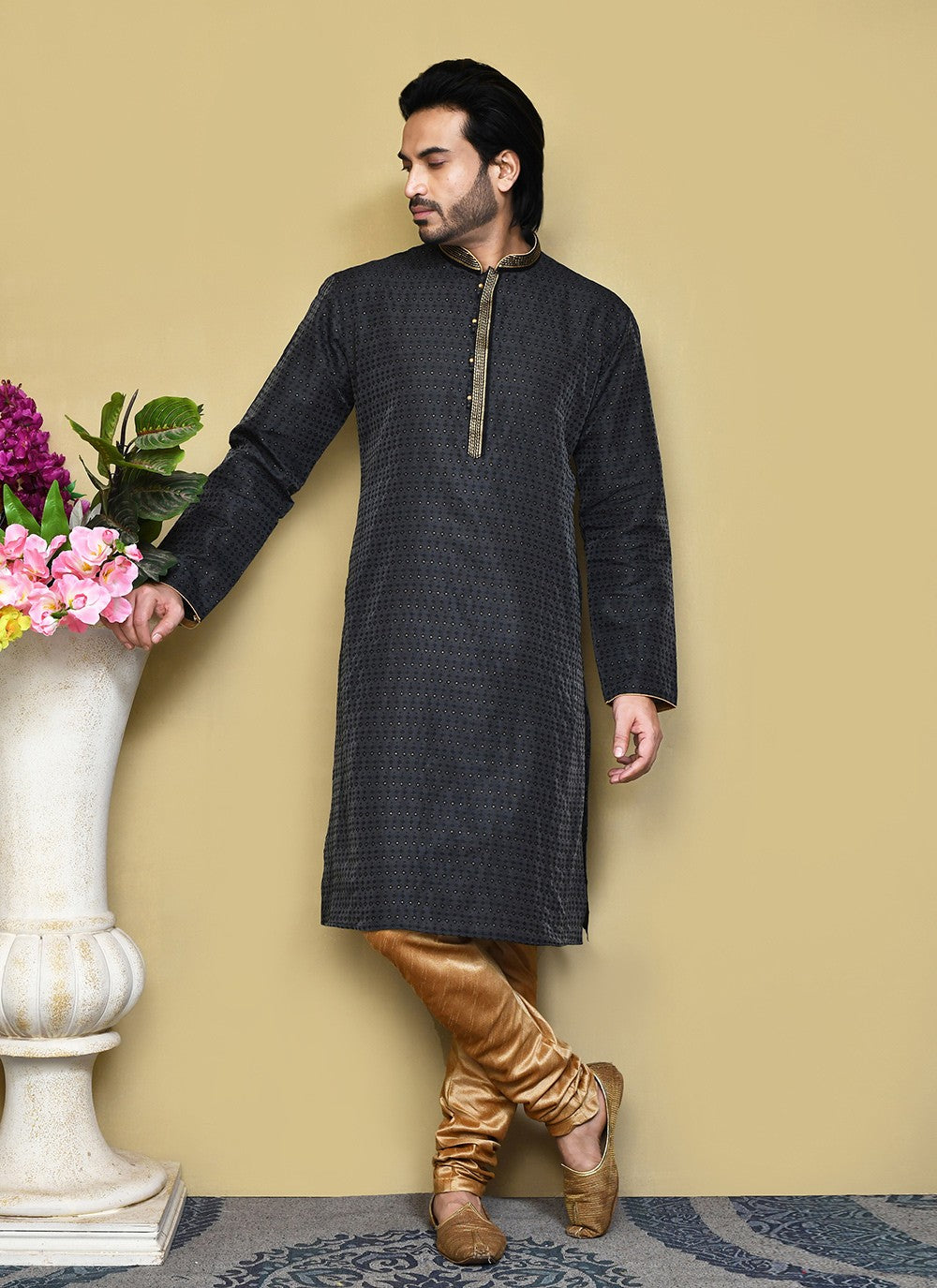 Resham Art Silk Black Kurta Pyjama - M7862