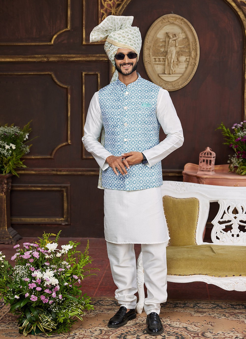 Digital Print Art Silk Blue, Off White Kurta Payjama With Jacket - M8728