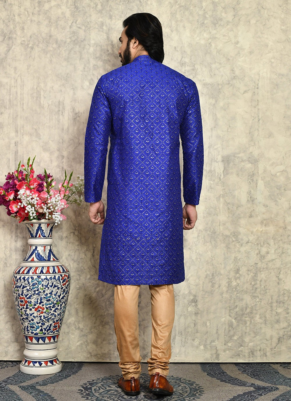 Fancy Work Art Silk Blue Kurta Pyjama - M7950