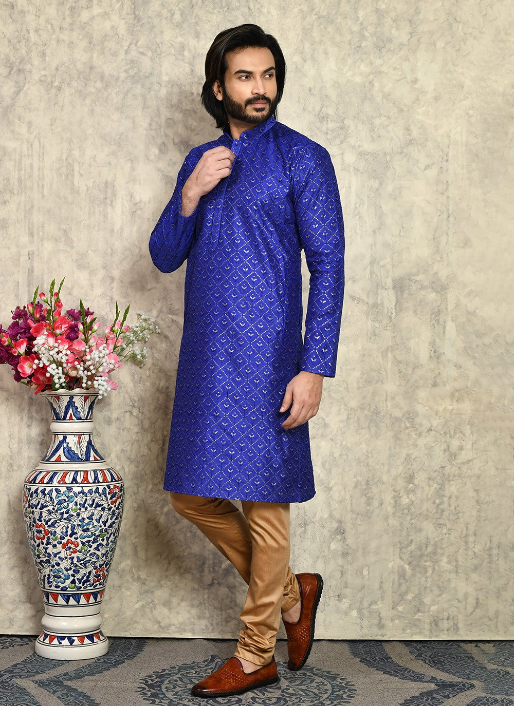 Fancy Work Art Silk Blue Kurta Pyjama - M7950