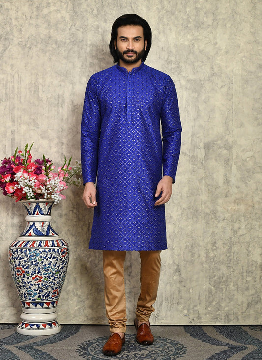 Fancy Work Art Silk Blue Kurta Pyjama - M7950