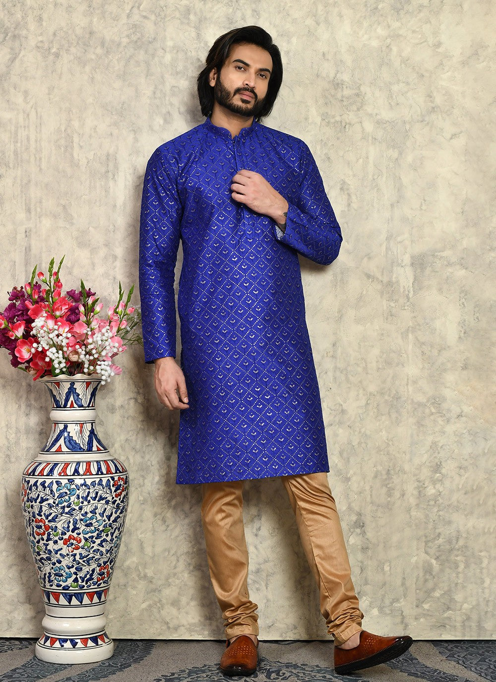 Fancy Work Art Silk Blue Kurta Pyjama - M7950