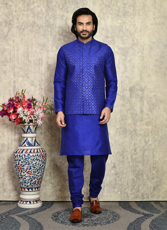 Embroidered Art Silk Blue Kurta Payjama With Jacket - M8007