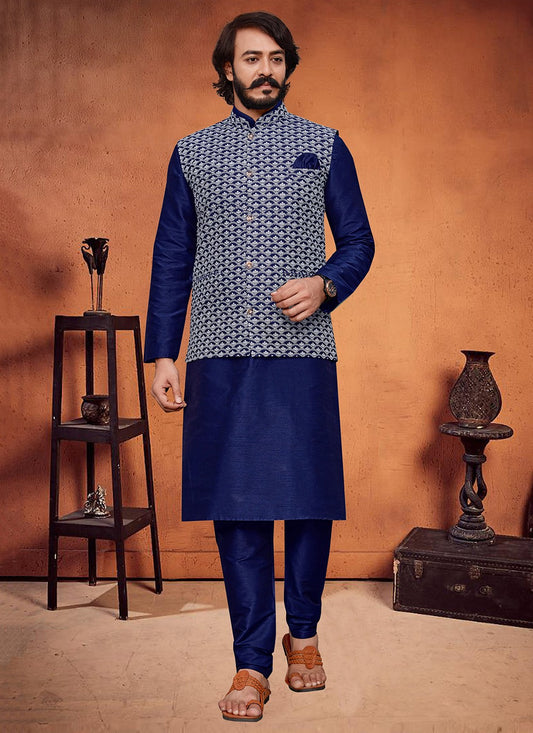 Lucknowi Work Art Silk Blue Kurta Payjama With Jacket - M2026