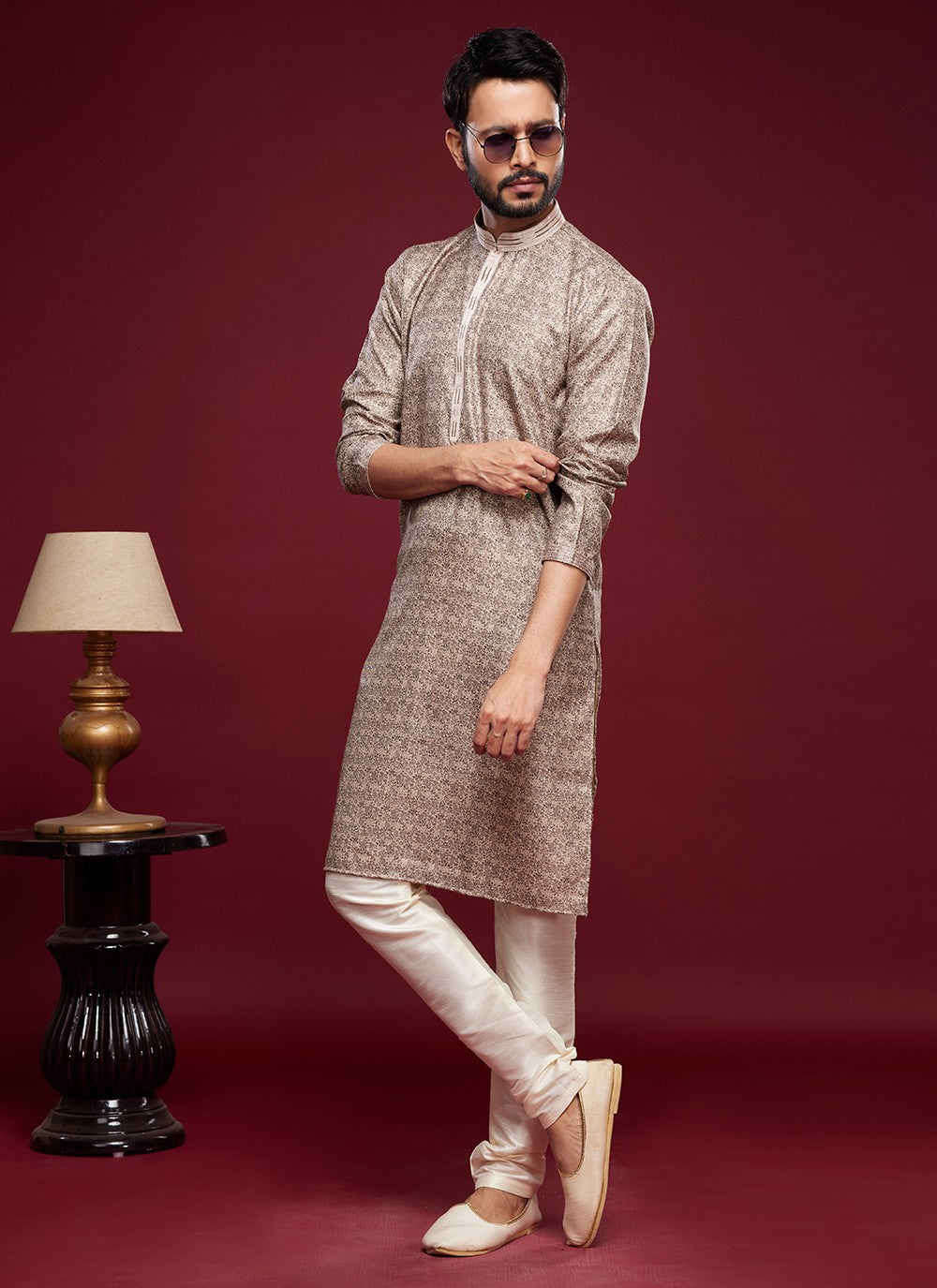 Digital Print Art Silk Brown Kurta Pyjama - M6033