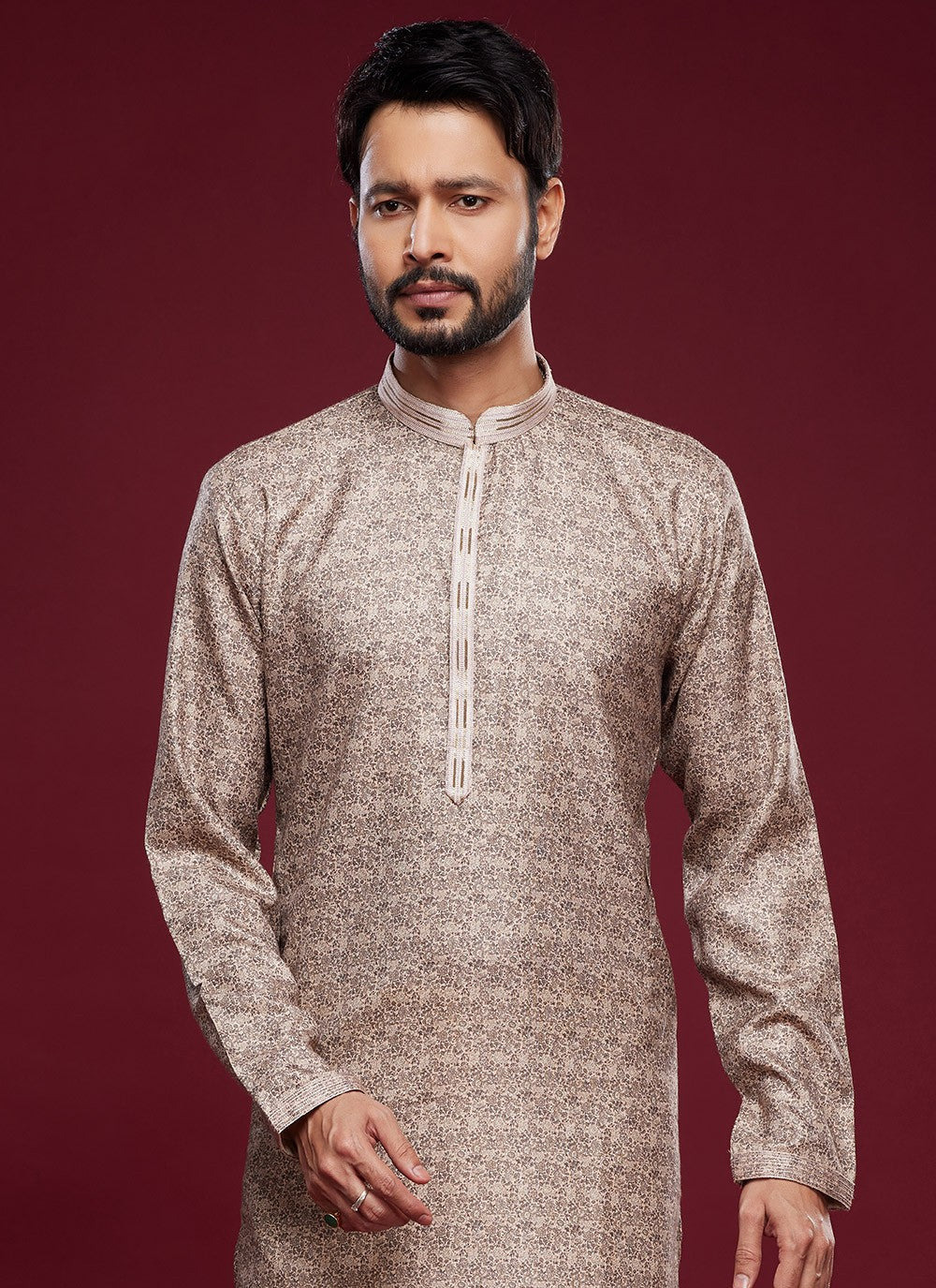 Digital Print Art Silk Brown Kurta Pyjama - M6033