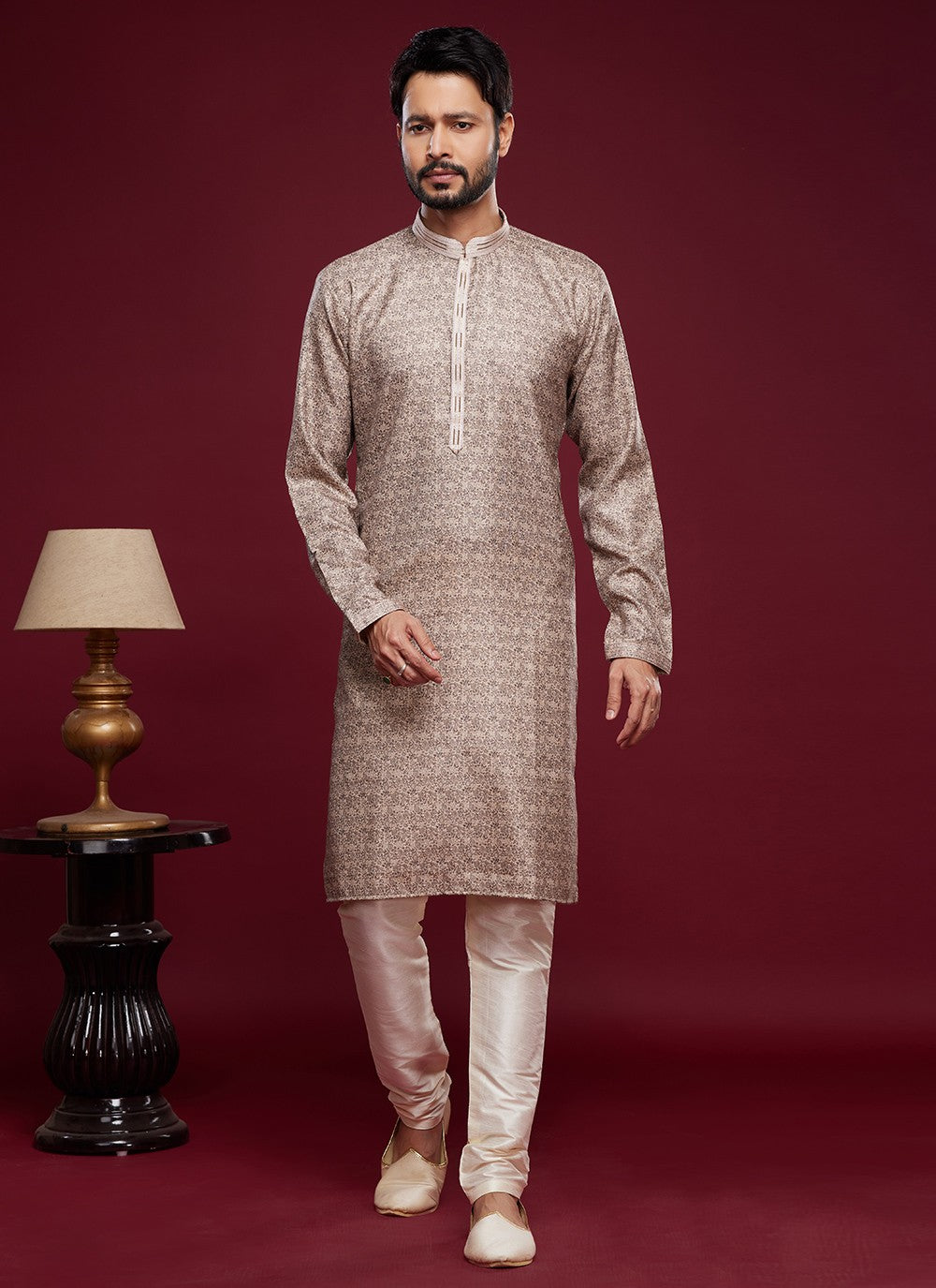 Digital Print Art Silk Brown Kurta Pyjama - M6033