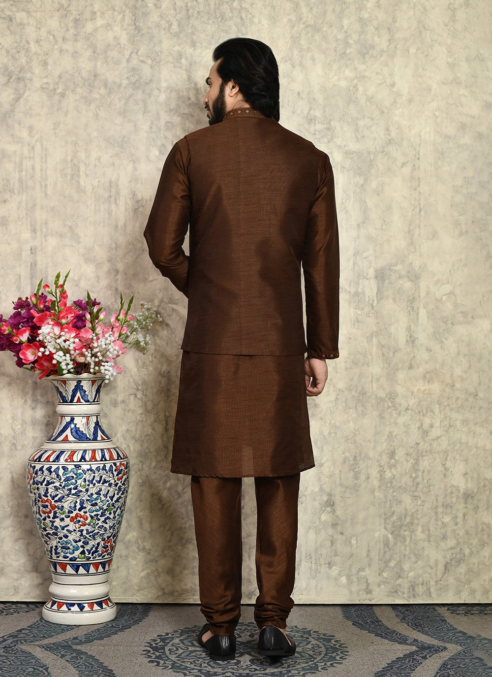 Embroidered Art Silk Brown Kurta Payjama With Jacket - M8001