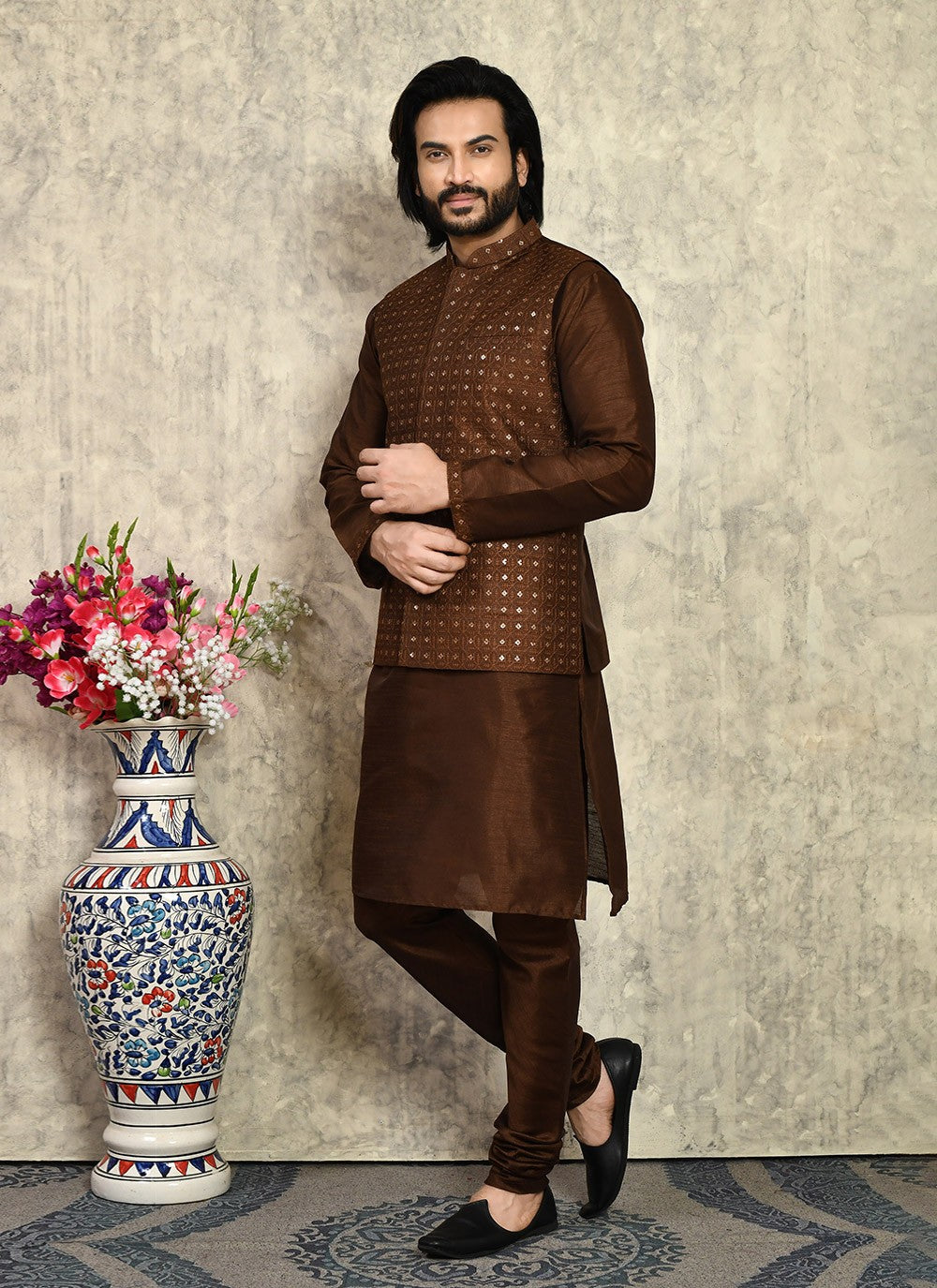 Embroidered Art Silk Brown Kurta Payjama With Jacket - M8001