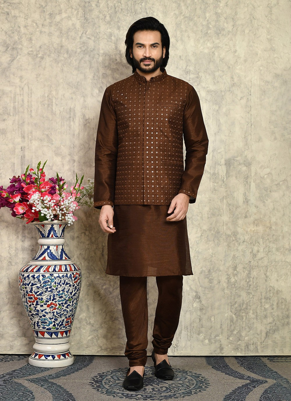 Embroidered Art Silk Brown Kurta Payjama With Jacket - M8001