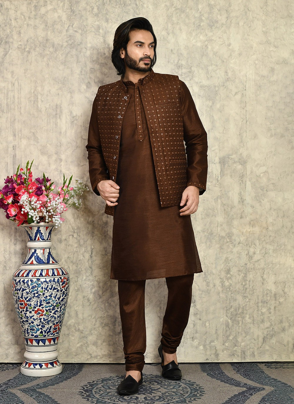 Embroidered Art Silk Brown Kurta Payjama With Jacket - M8001