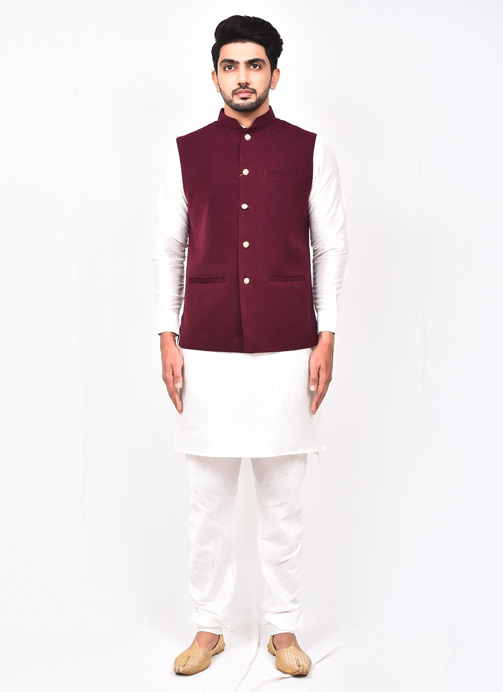 Buttons Art Silk, Velvet Maroon, White Kurta Payjama With Jacket - M3266