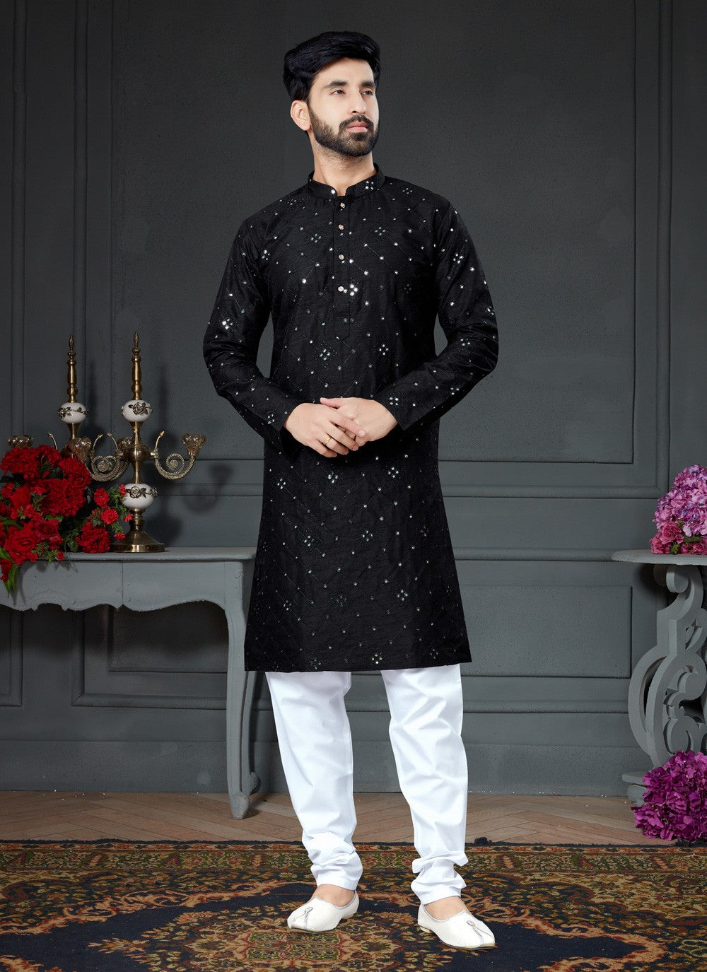 Embroidered Art Silk Cotton Black Kurta Pyjama - M4147