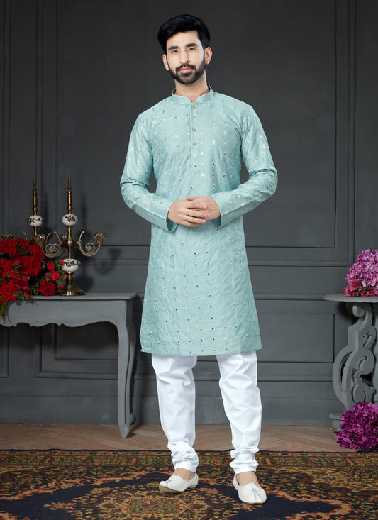 Embroidered Art Silk Cotton Aqua Blue Kurta Pyjama - M4144