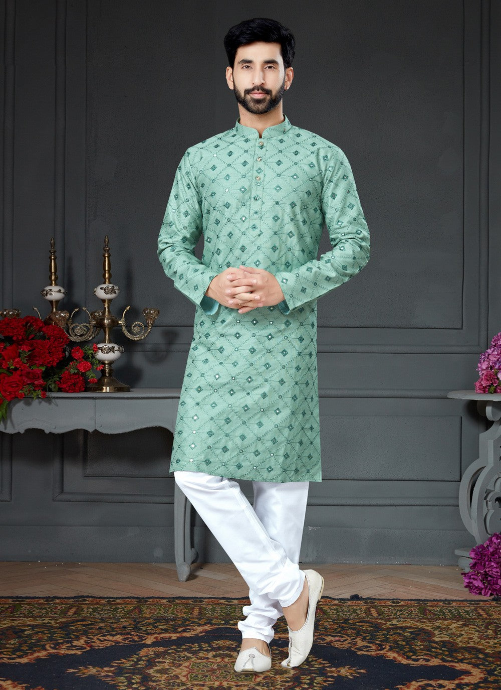 Embroidered Art Silk Cotton Green Kurta Pyjama - M4146