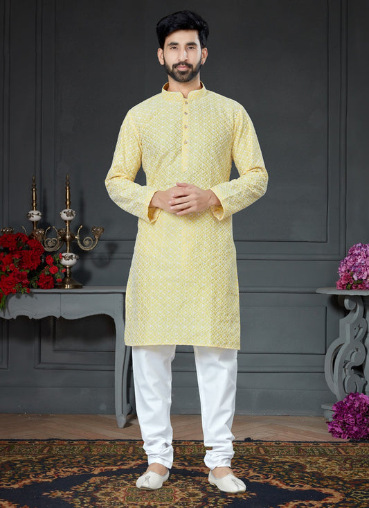 Embroidered Art Silk Cotton Yellow Kurta Pyjama - M4140