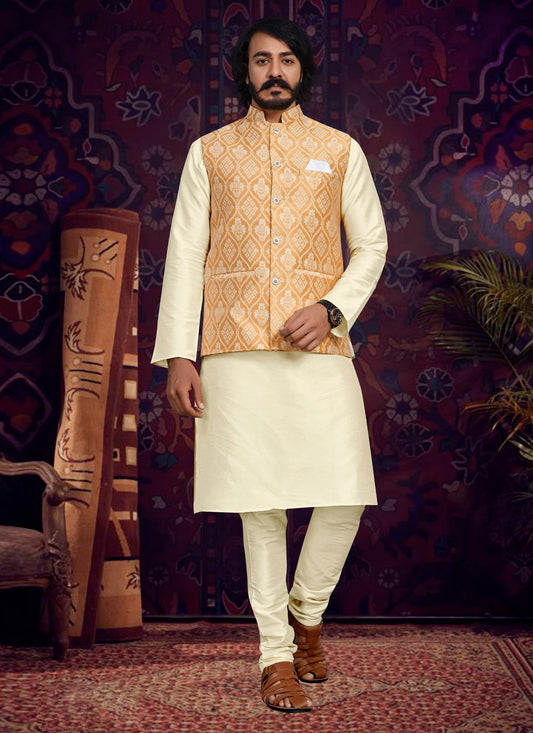 Fancy Work Art Silk, Jacquard Cream, Orange Kurta Payjama With Jacket - M4012