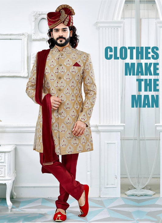 Embroidered Art Silk Cream Indo Western Sherwani - M2105