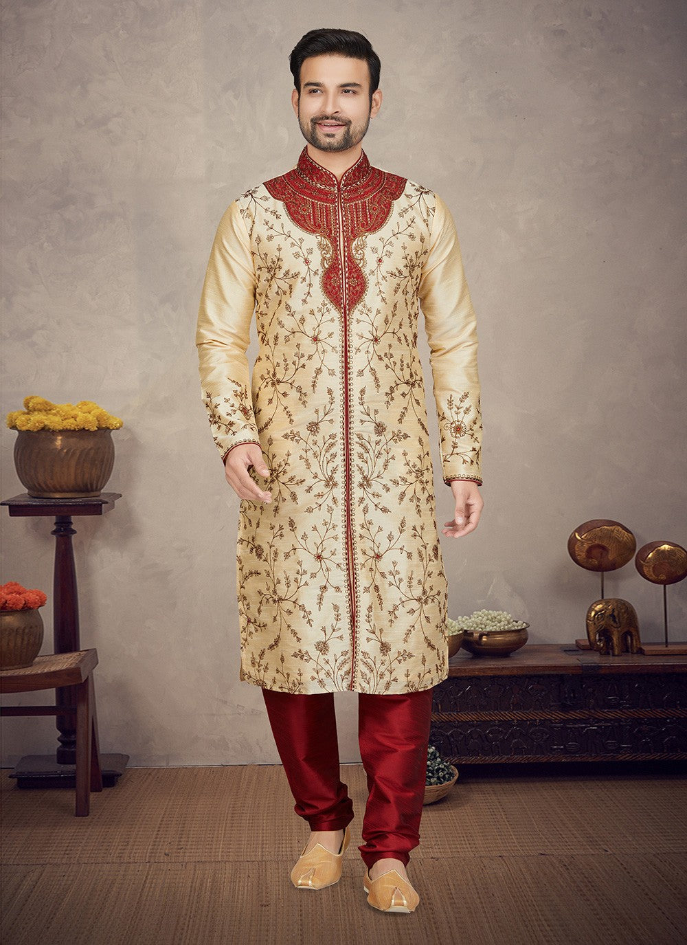 Embroidered Art Silk Cream Kurta Pyjama - M5877