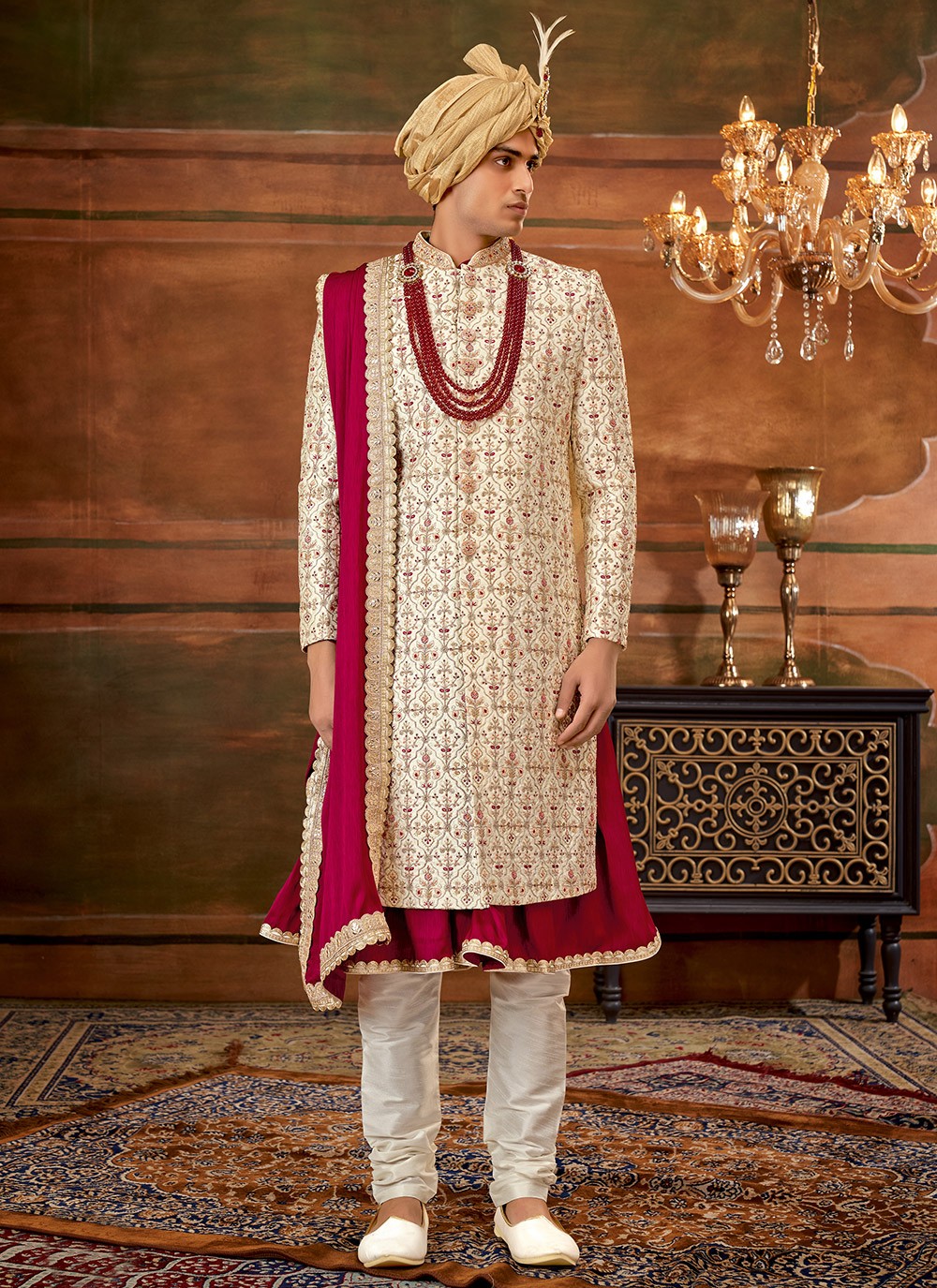 Hand Embroidery Art Silk Cream Sherwani - M4305