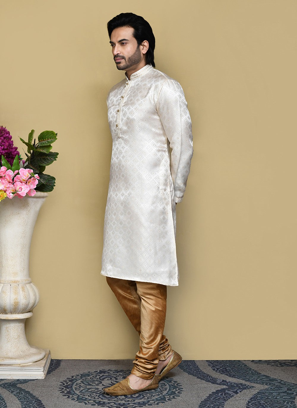 Resham Art Silk Cream Kurta Pyjama - M7852