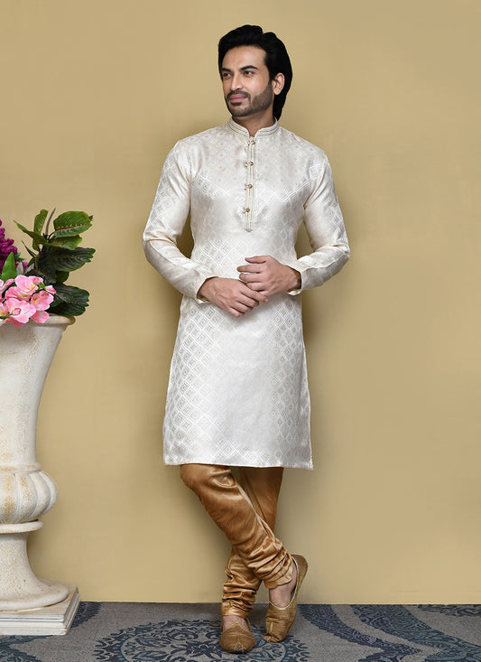 Resham Art Silk Cream Kurta Pyjama - M7852