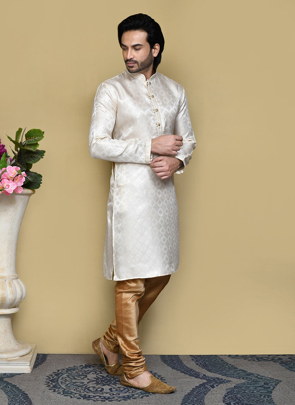 Resham Art Silk Cream Kurta Pyjama - M7852